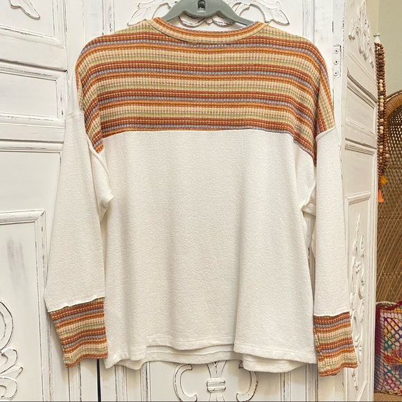 Lulu’s Cream & Fall Colors Stripes Color And Cuff Trim Oversized Sweater Top S - Picture 2 of 8
